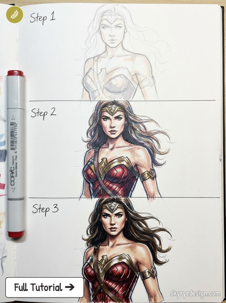 Step-by-step Wonder Woman drawing tutorial: pencil sketch to fully colored Copic marker illustration in three stages