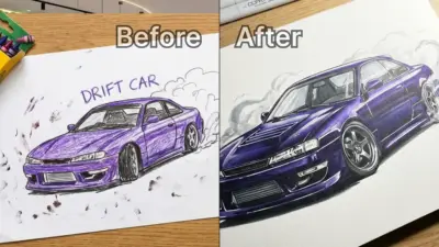 Before-and-after purple drift car illustration: rough crayon sketch transformed into highly detailed polished car rendering