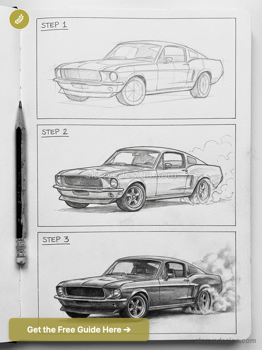 Step-by-step pencil drawing tutorial of a classic muscle car: sketch, refined outline, and shaded realistic rendering.