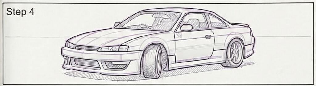 Alt text: Step 4: pencil sketch of a sporty coupe car, three-quarter front view with detailed lines and shading