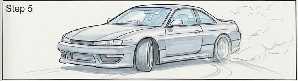 Sketch of a silver sports coupe drifting in a three-quarter front view, rear tire smoking and leaving skid marks.