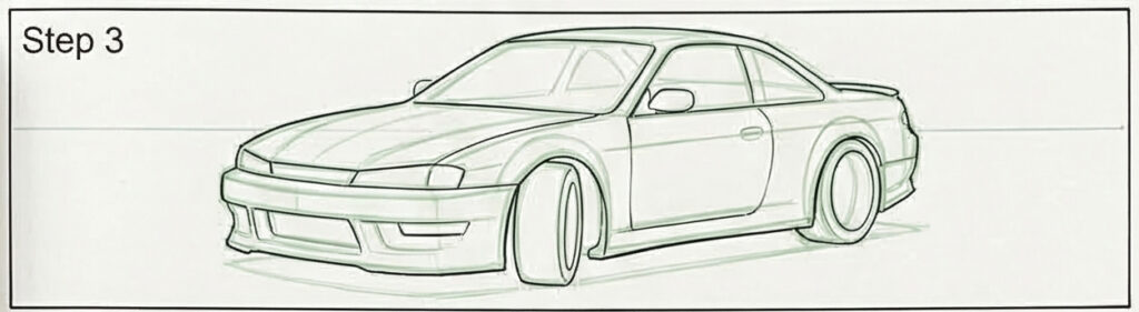 Step 3: pencil sketch of a sports coupe in three-quarter perspective, step-by-step car drawing tutorial