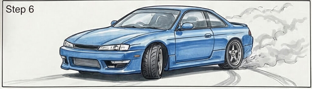 Step 6 illustration: blue drift coupe producing rear tire smoke on pavement