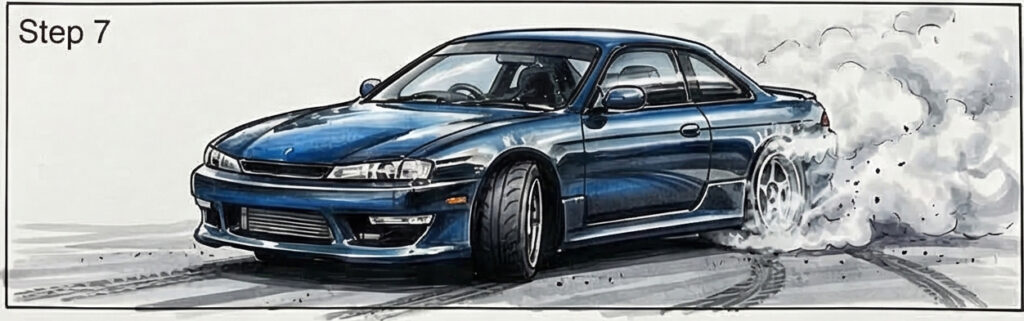 Blue sports coupe drifting in illustration with rear tire smoke, skid marks and dynamic front-angle view