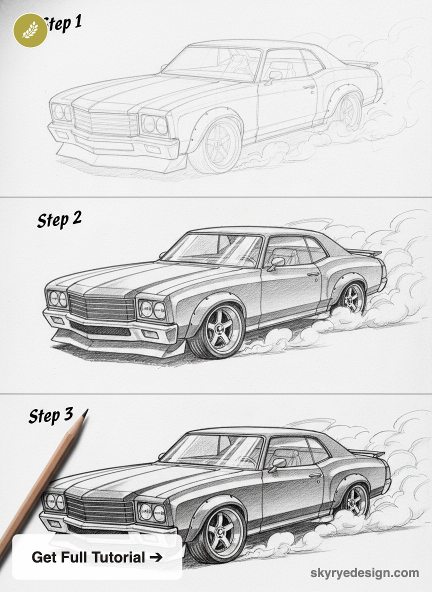 Step-by-step car drawing tutorial showing a muscle car sketch from outline to shaded drawing with tire smoke.