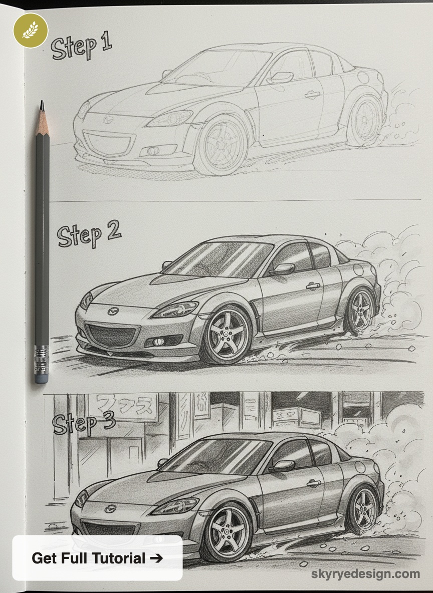 Step-by-step pencil sketch tutorial showing a Mazda RX-8 car drawing in three stages with shading and smoke effects