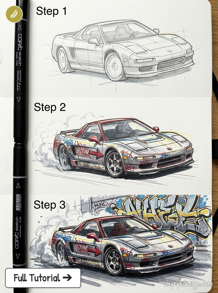 Three-step Copic marker tutorial: sketch to colored graffiti-style sports car illustration with smoke.