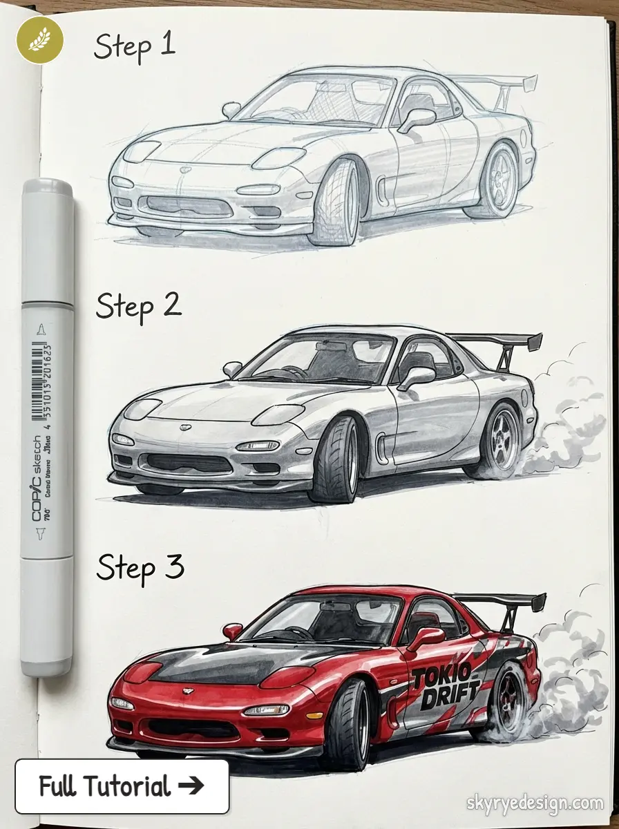 Step-by-step car drawing tutorial: sketch to shaded to finished red Mazda RX-7 drift car with TOKIO DRIFT decal