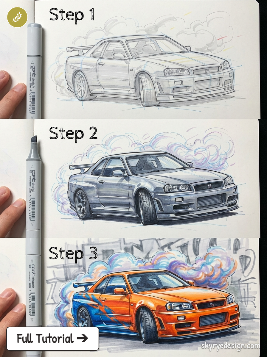 Car drawing tutorial: Nissan Skyline R34 - step-by-step pencil sketch to full-color marker illustration