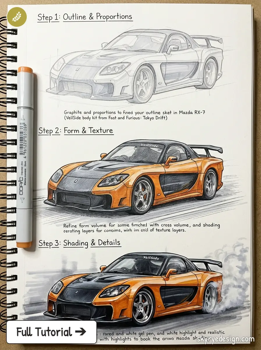 Sketchbook tutorial page showing Mazda RX-7 drawing progression from pencil outline to colored orange render