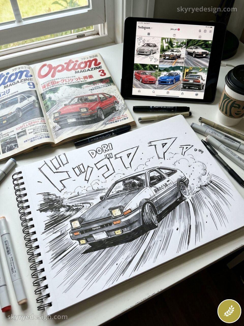 Ink sketch of drifting Toyota AE86 on sketchbook with markers, Option magazine, tablet manga-style car art and coffee on desk