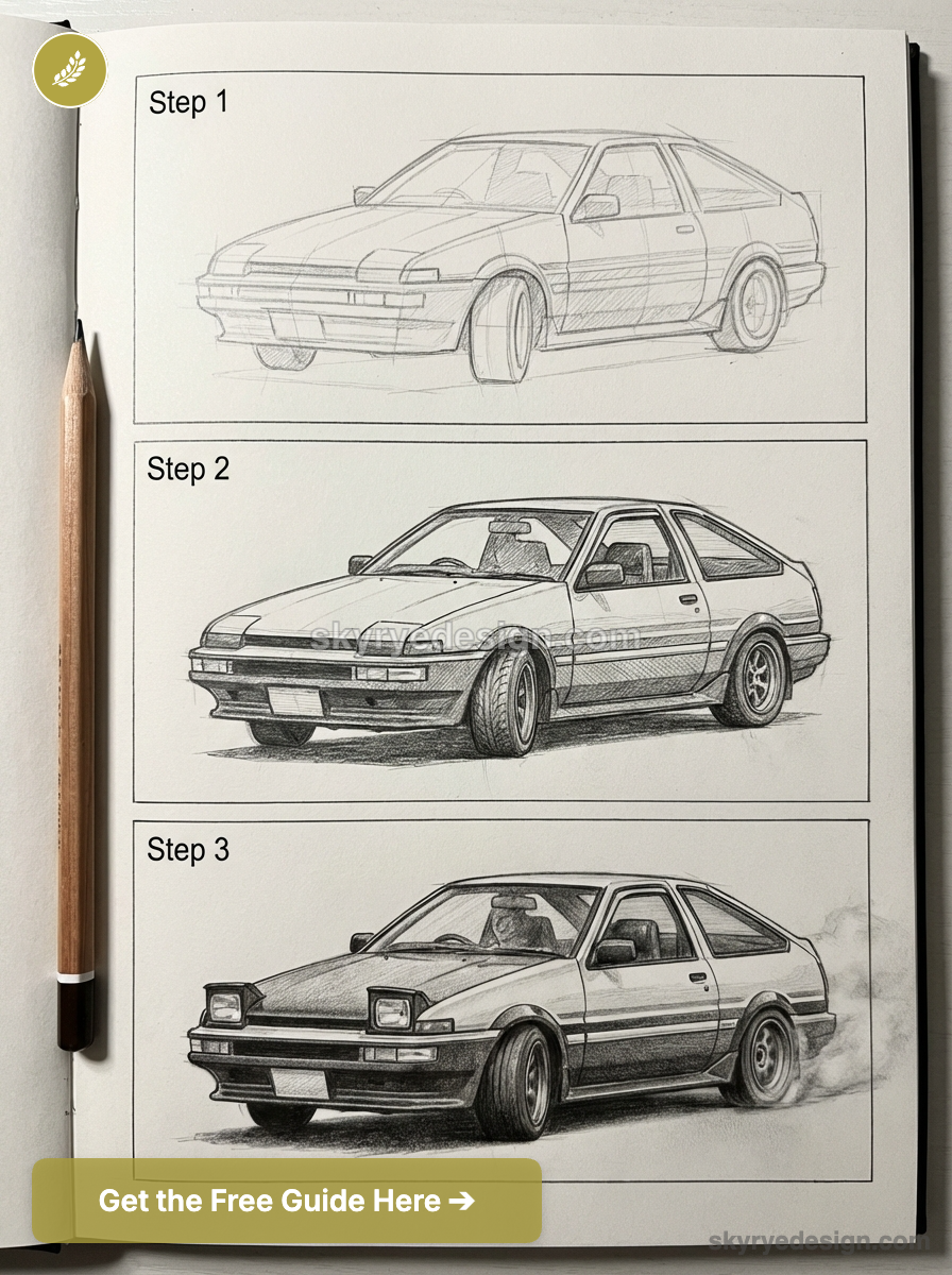 Car drawing tutorial: three-panel pencil sketch showing step-by-step vintage coupe in a sketchbook with pencil