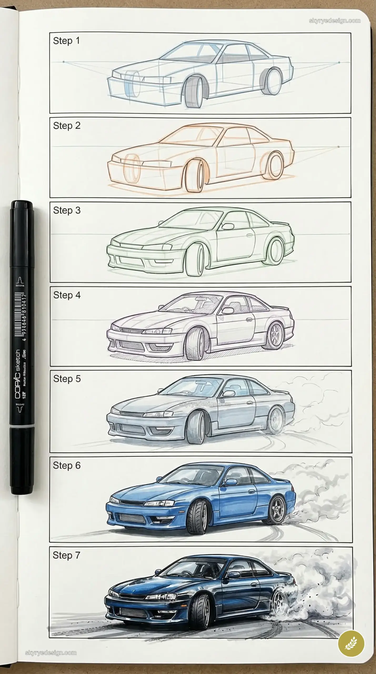 7-step car drawing tutorial showing marker sketch progression into a blue drifting sports car, pen beside the sketchbook