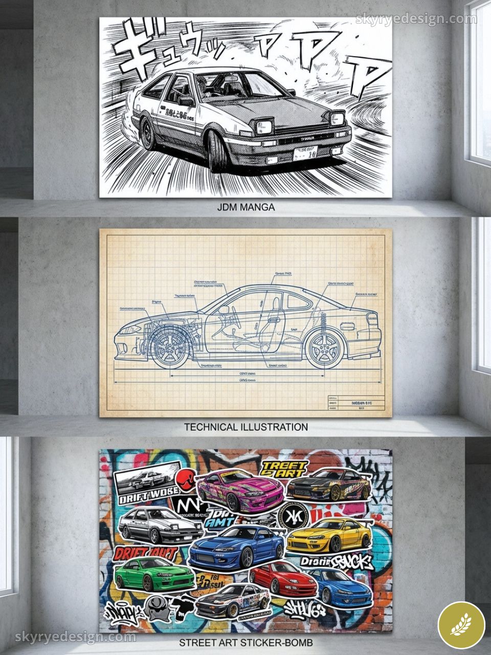 Three framed car posters: JDM manga drift art, technical blueprint, and colorful street-art sticker-bomb.