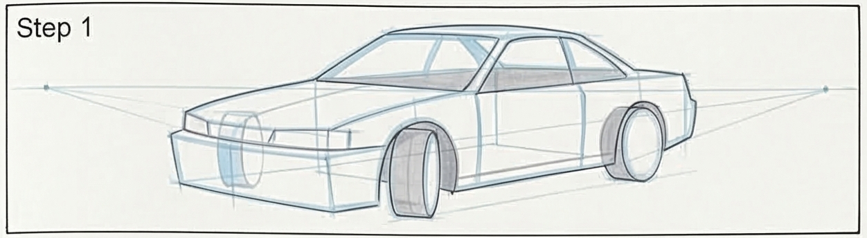 Step 1: two-point perspective car sketch showing construction lines, vanishing points, and basic wheel/box shapes