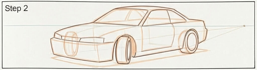 Car sketch tutorial Step 2: coupe drawn in one-point perspective with guiding construction lines and vanishing point.