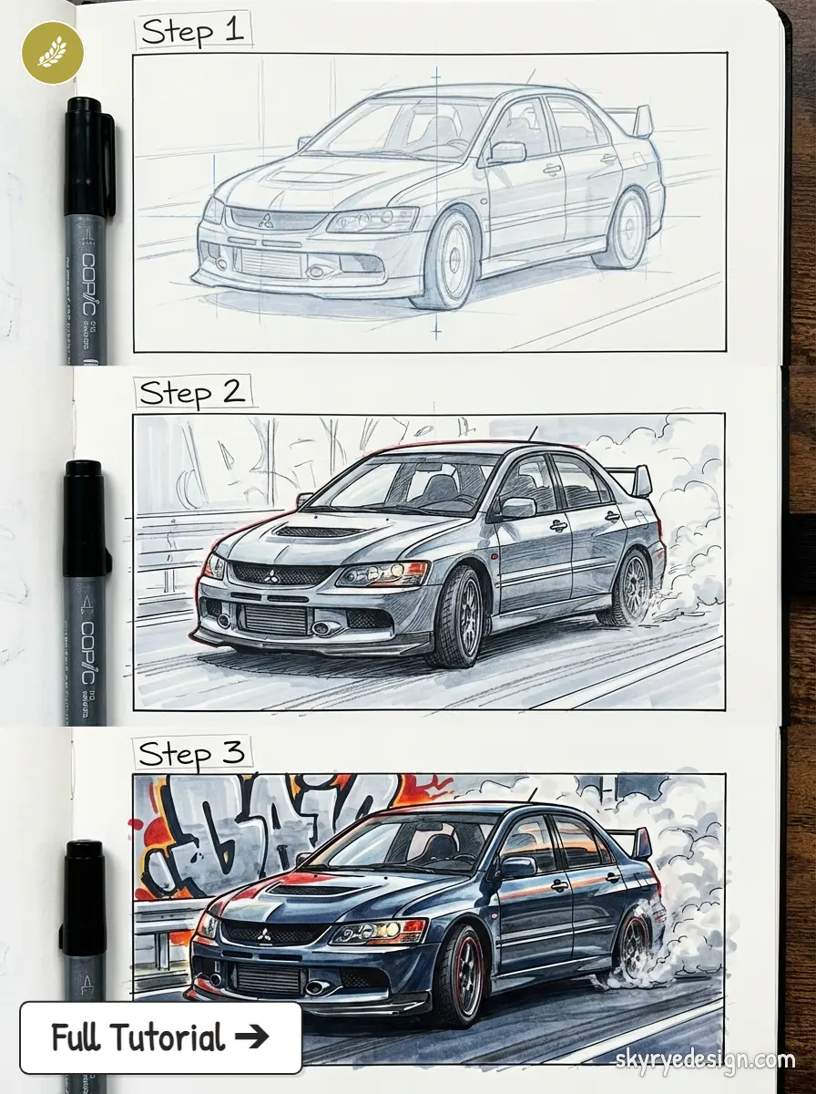 Mitsubishi Lancer Evo car drawing tutorial: three-step sketchbook progression from rough pencil to full-color rendering