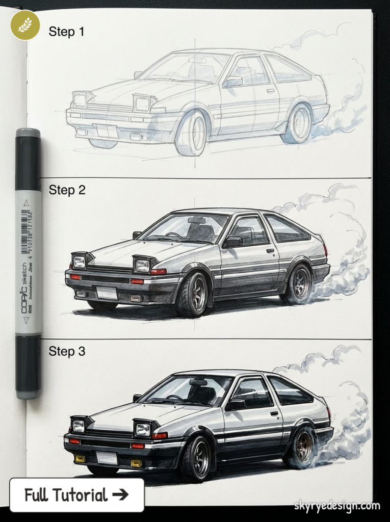 Three-step sketch tutorial of a drifting Toyota AE86 in a sketchbook with marker, showing progressive shading and smoke.