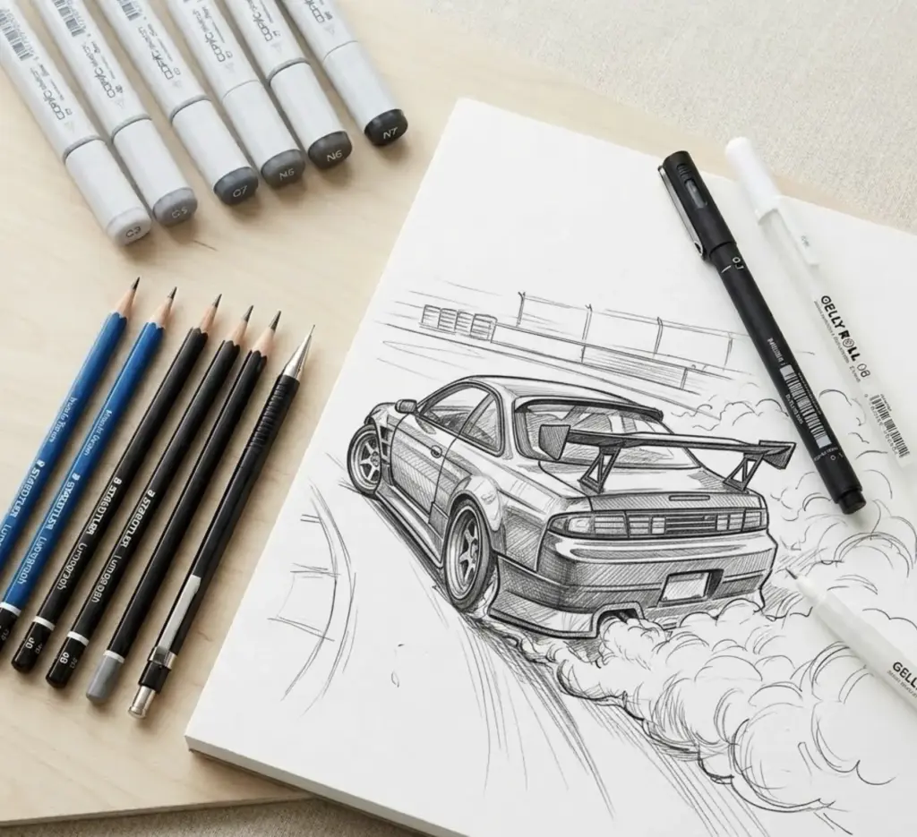 Sketchbook drawing of a drifting sports car with tire smoke, surrounded by pencils, markers, and pens