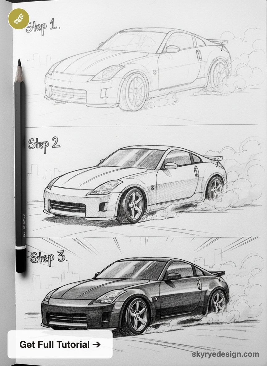 Three-step pencil sketch tutorial of a sports car showing progressive shading, detailing and tire smoke.