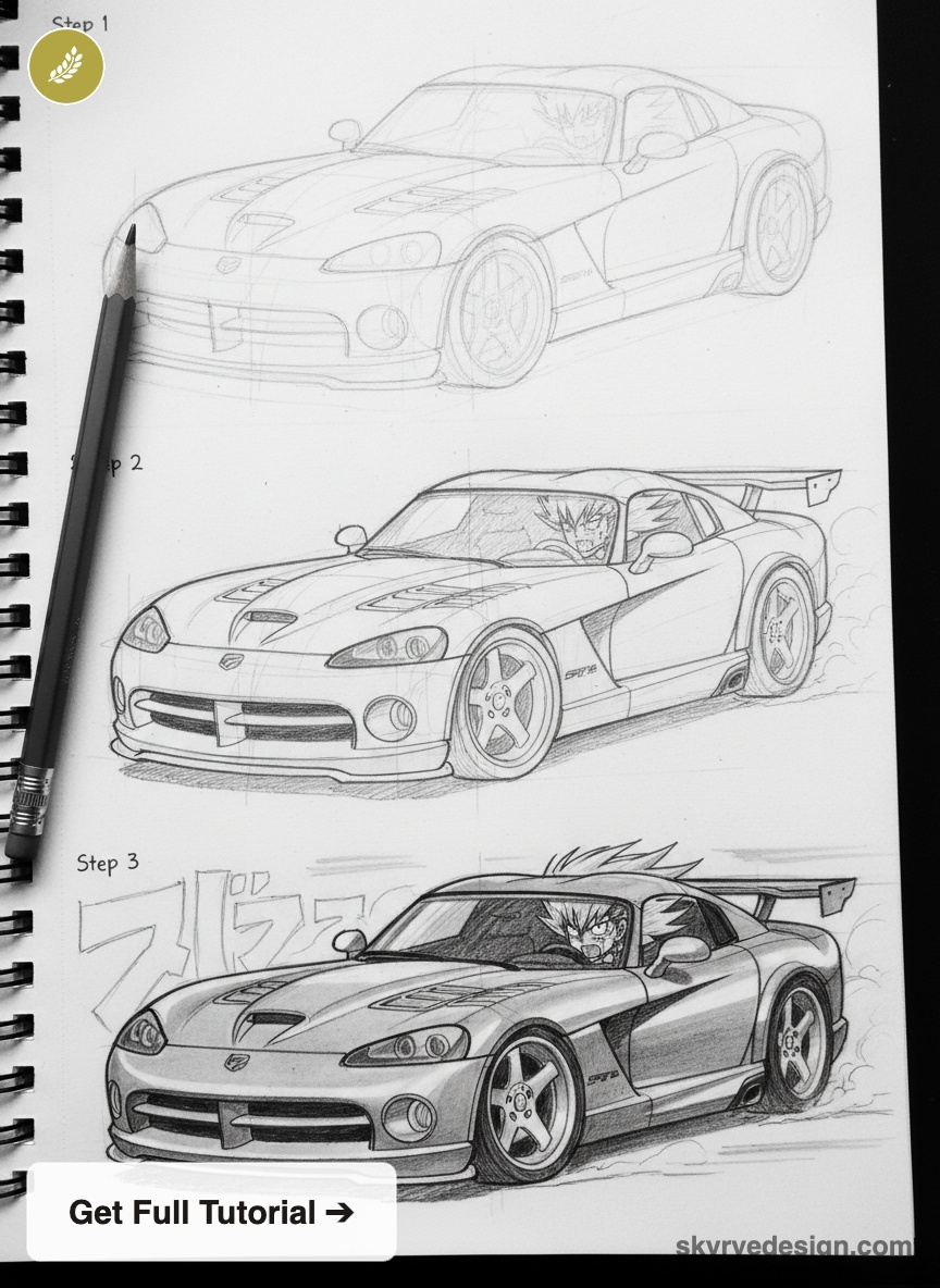 Step-by-step sports car pencil sketch tutorial in spiral sketchbook, graphite shading and pencil