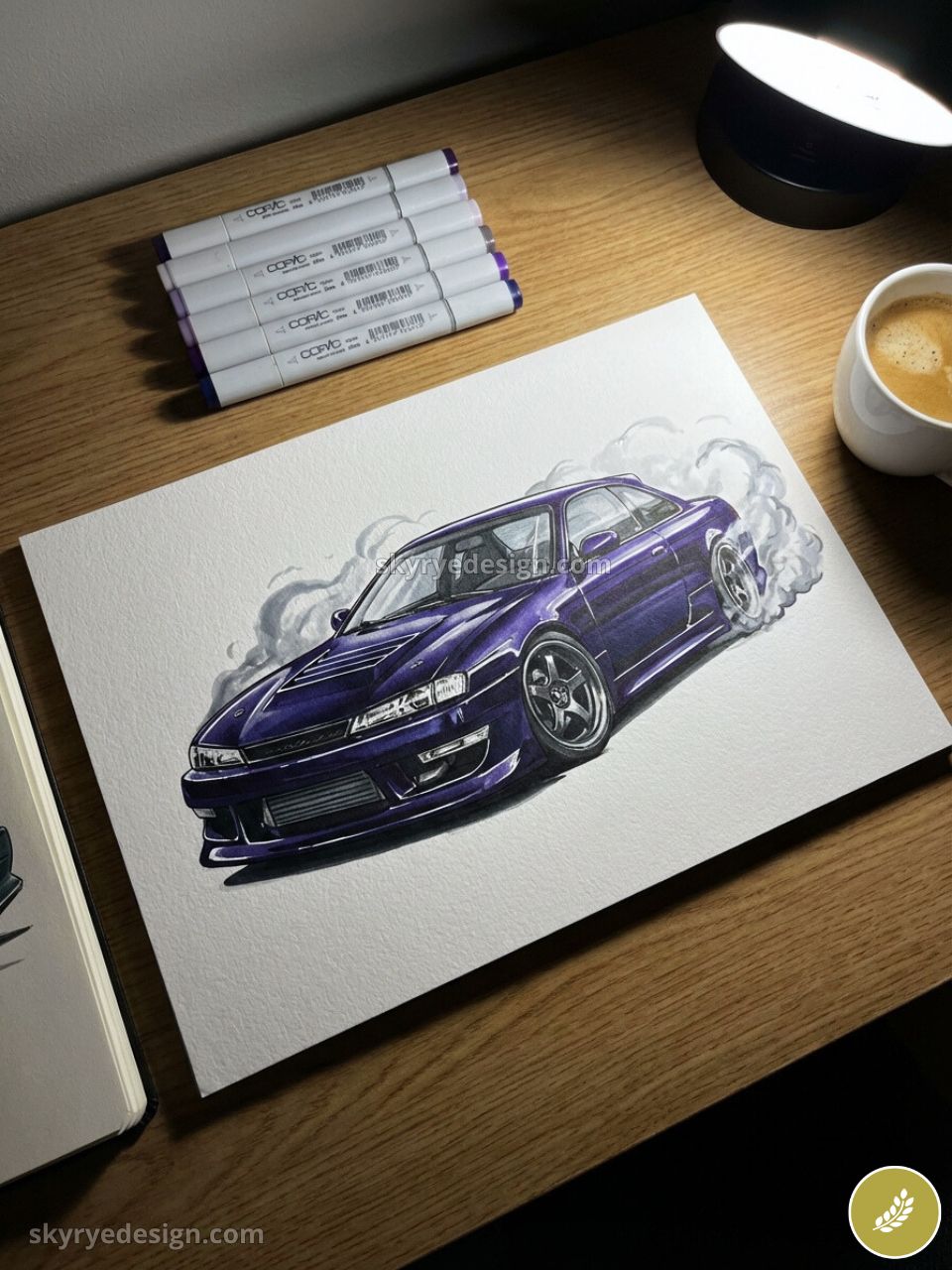 Purple drift car illustration on paper with Copic markers on wooden desk, coffee cup and desk lamp