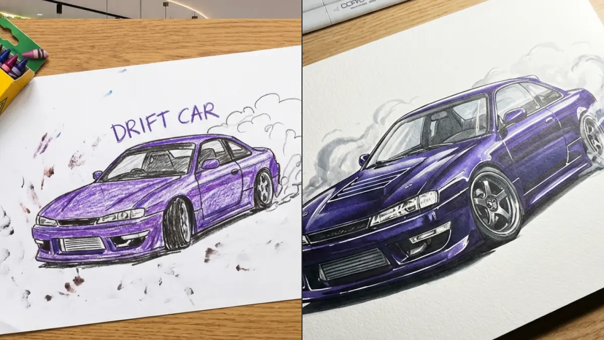 Purple drift car before-and-after illustration: rough crayon sketch to detailed marker rendering on paper