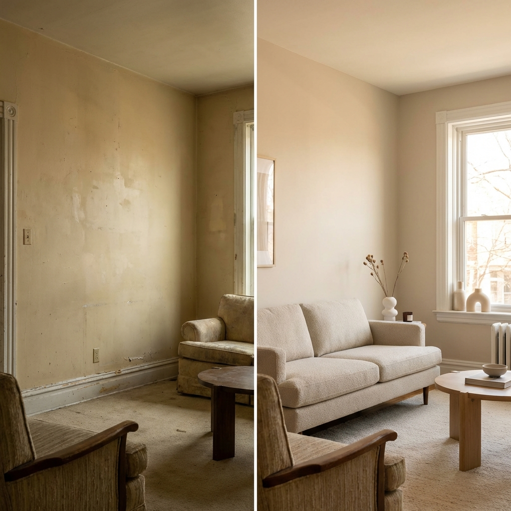 Split before-and-after living room renovation: worn, dated room transformed into bright neutral lounge with beige sofa