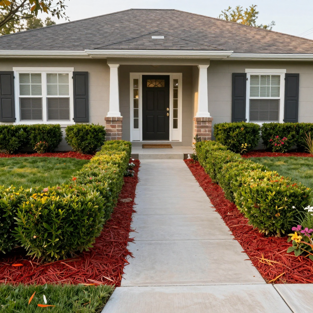 Suburban house with concrete walkway, manicured shrubs, red mulch and black front door - enhanced curb appeal landscaping