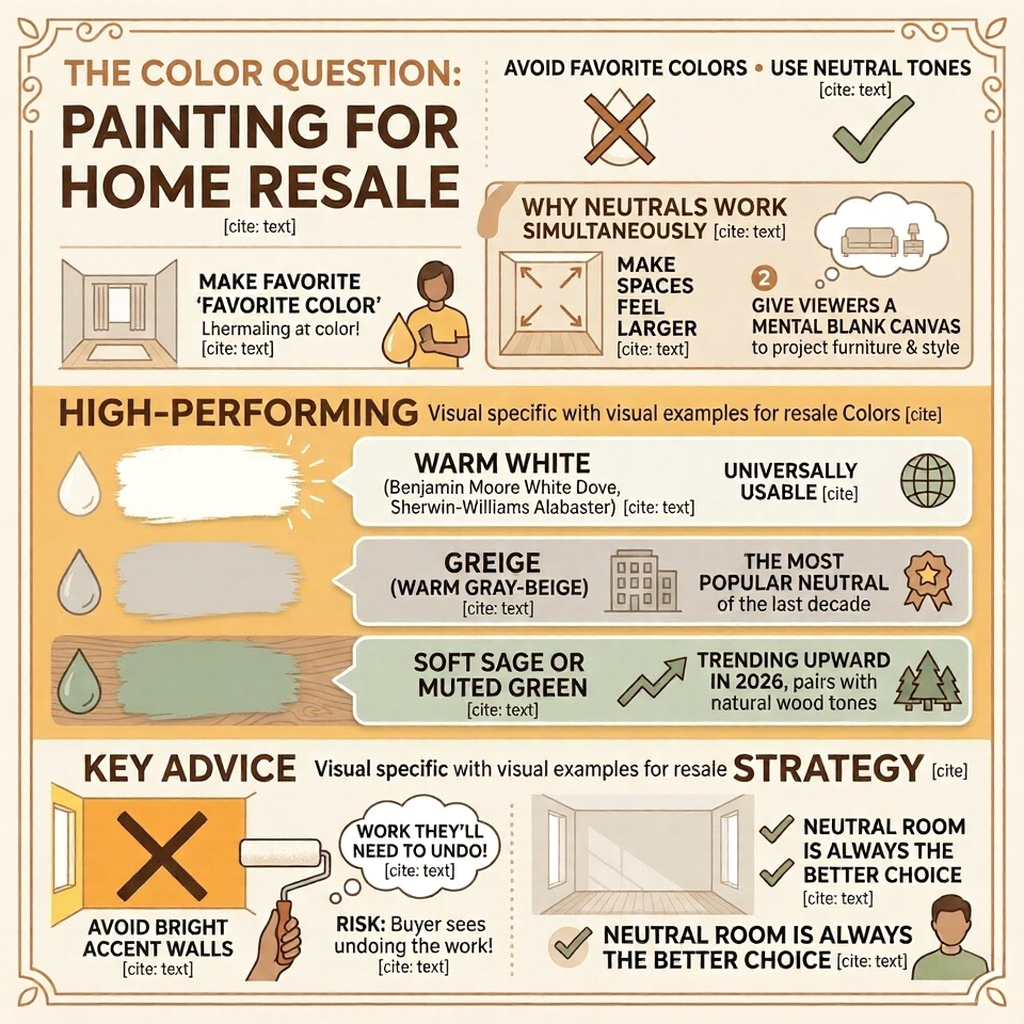 Infographic: Painting for home resale — use neutral tones (warm white, greige, soft sage); avoid bright accent walls.