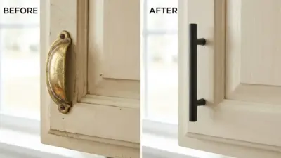 Cabinet hardware before-and-after: old brass cup pull replaced with matte black bar pull on cream cabinet