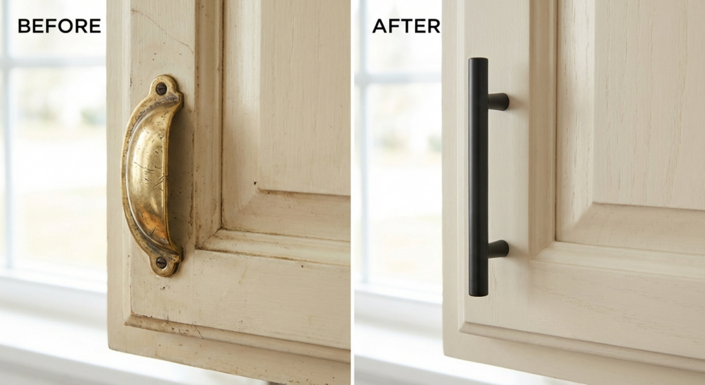 Before-and-after cabinet hardware: tarnished brass cup pull replaced by sleek matte black bar pull on kitchen cabinet