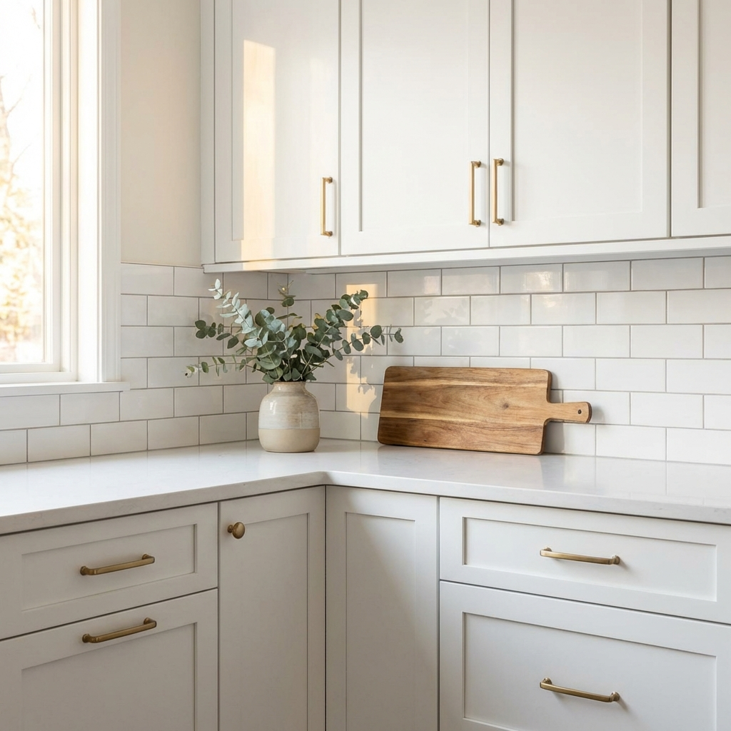 Modern kitchen with white shaker cabinets, subway tile backsplash, brass hardware, wood cutting board and eucalyptus vase.