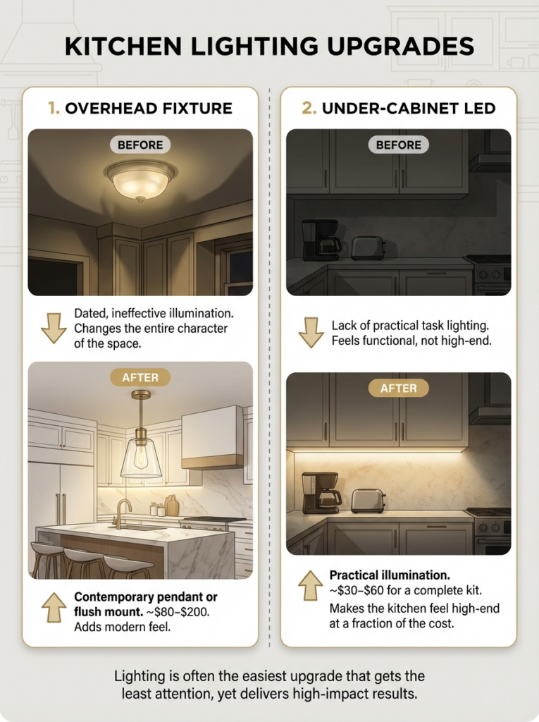 Infographic: kitchen lighting upgrades showing before/after overhead fixtures and under-cabinet LED with tips and costs