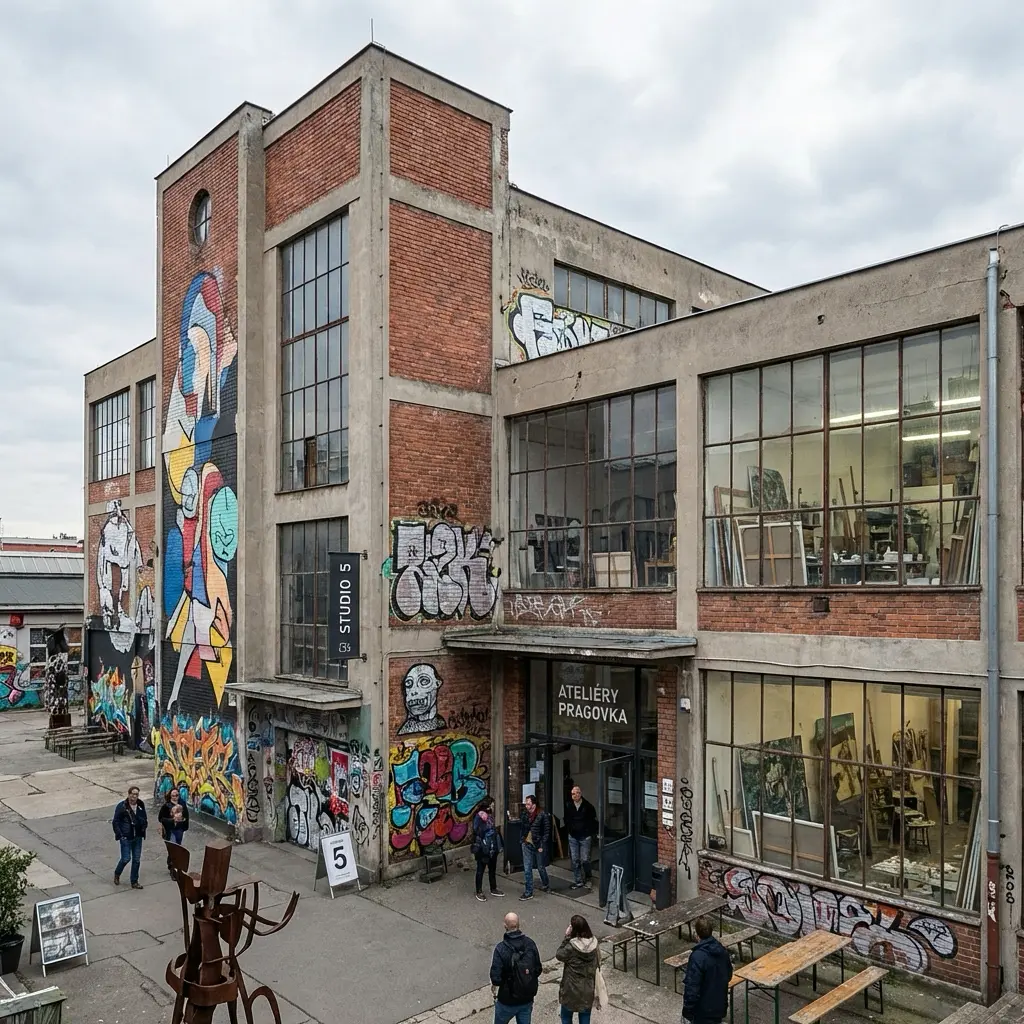 Ateliéry Pragovka brick art studio building with murals, graffiti and large industrial windows, visitors outside