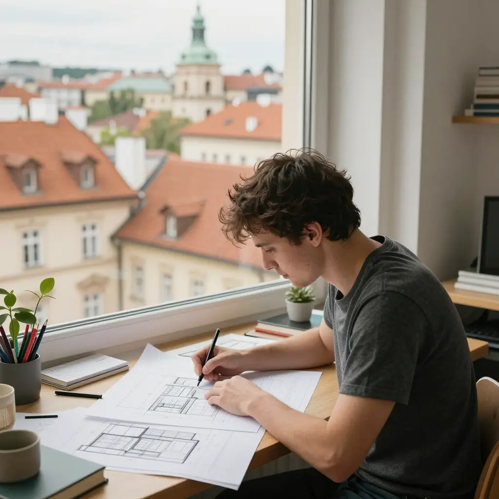 Young architect drafting architectural floor plans at a window desk, city rooftops outside, pens and plant nearby