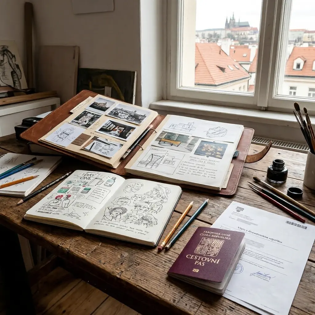 Travel sketchbook, pencils and passport on rustic desk by window overlooking city rooftops — travel planning