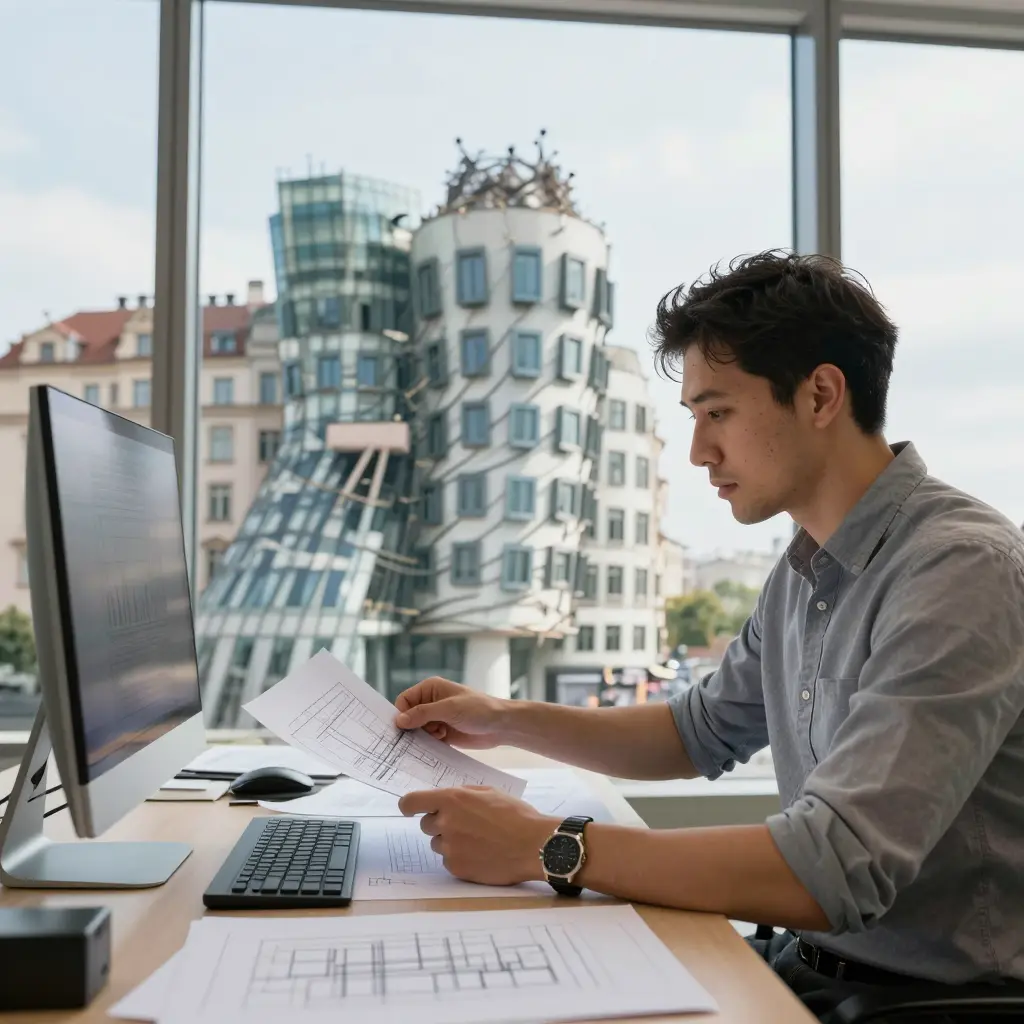 Architect reviewing blueprints at desk with computer, Dancing House Prague visible through office window