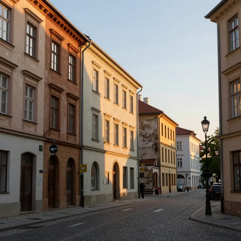 Quiet historic European cobblestone street with pastel facades and vintage street lamps bathed in golden-hour sunlight