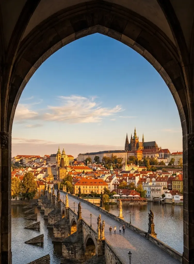 View of Prague's Charles Bridge over the Vltava with Prague Castle in background at golden hour, framed by stone arch.