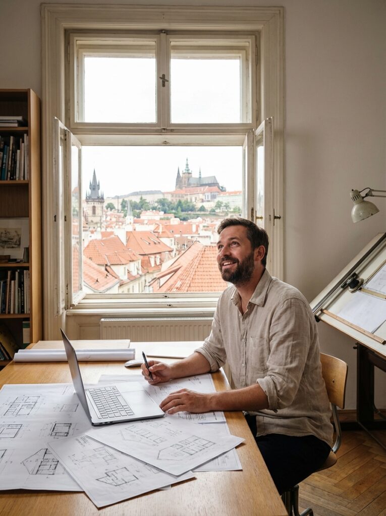 Architect workspace with laptop and blueprints, drafting by an open window overlooking red-tiled rooftops and historic castle skyline