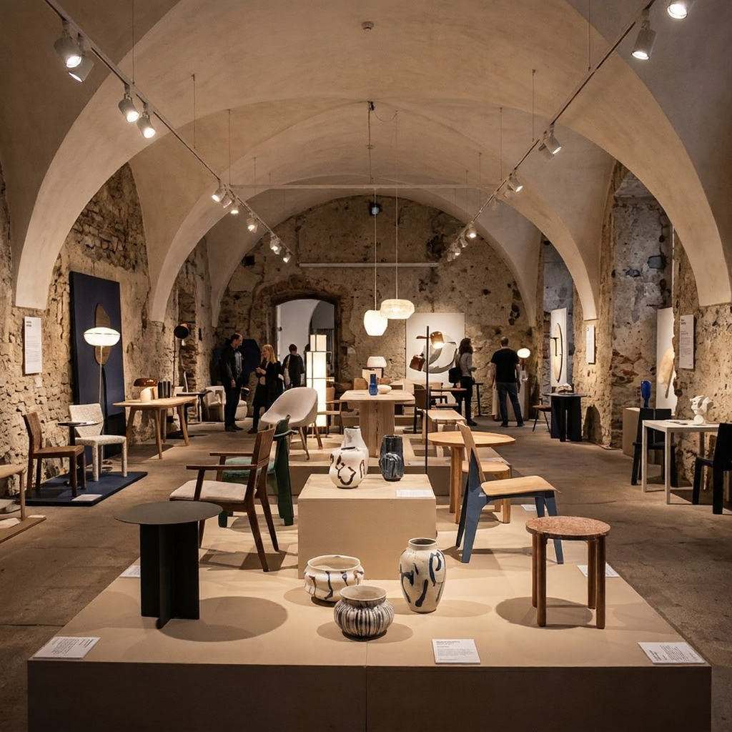 Modern furniture and ceramic design exhibition in stone-vaulted gallery, showcasing chairs, tables and vases.
