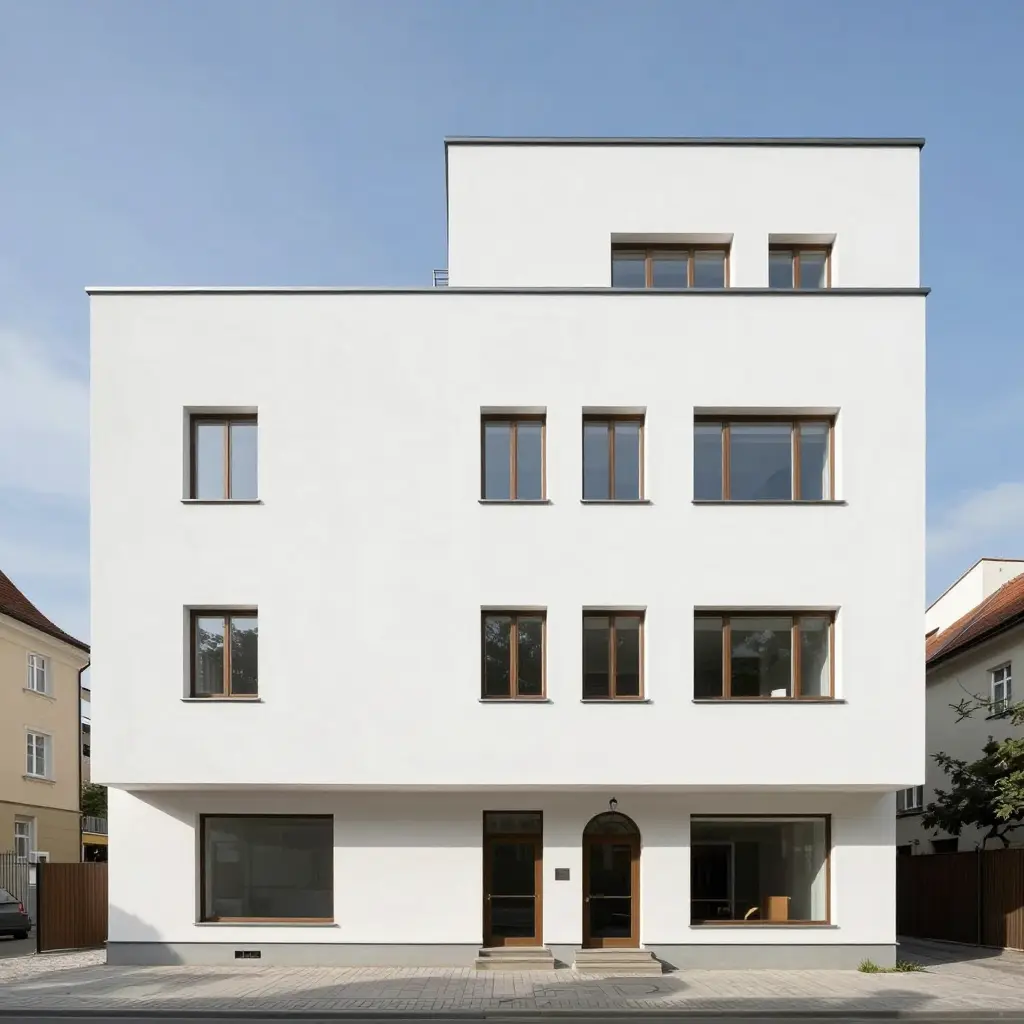 Minimalist modern white apartment building facade with symmetrical windows and street-level entrances