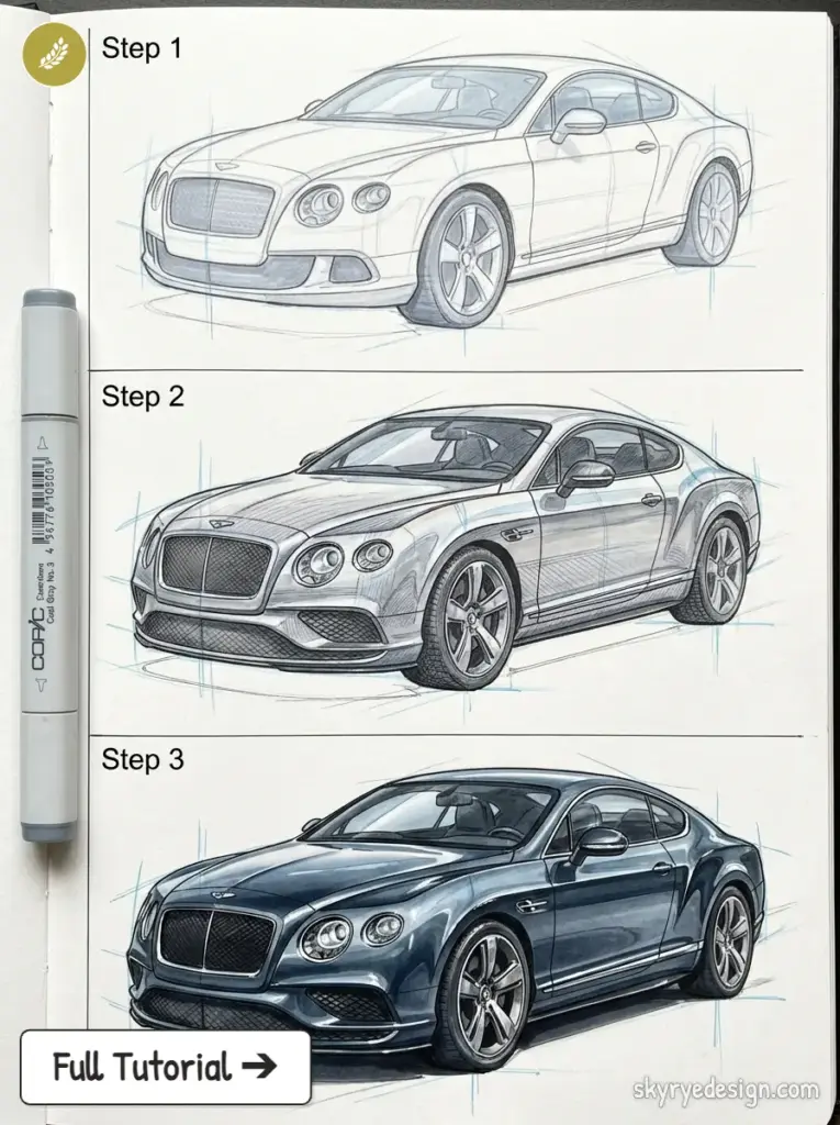 Three-step car drawing tutorial showing luxury coupe sketch evolving to finished Copic marker-rendered illustration