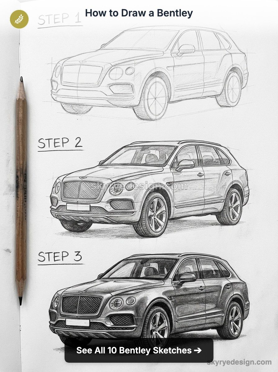 Three-step pencil sketch tutorial of a Bentley SUV on paper, showing progression from rough outline to detailed rendering