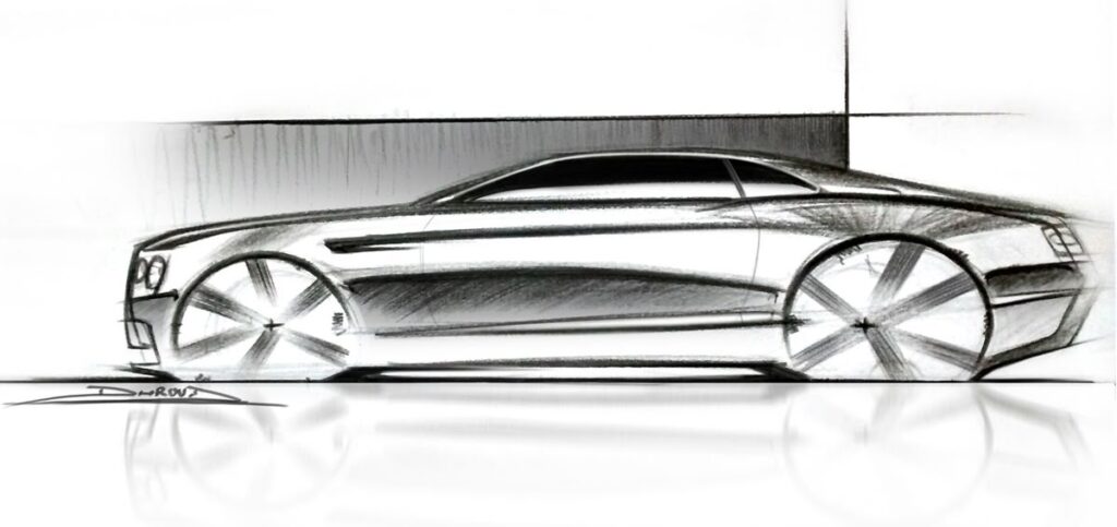Automotive design concept: side-profile pencil sketch of a luxury coupe with oversized wheels and floor reflection