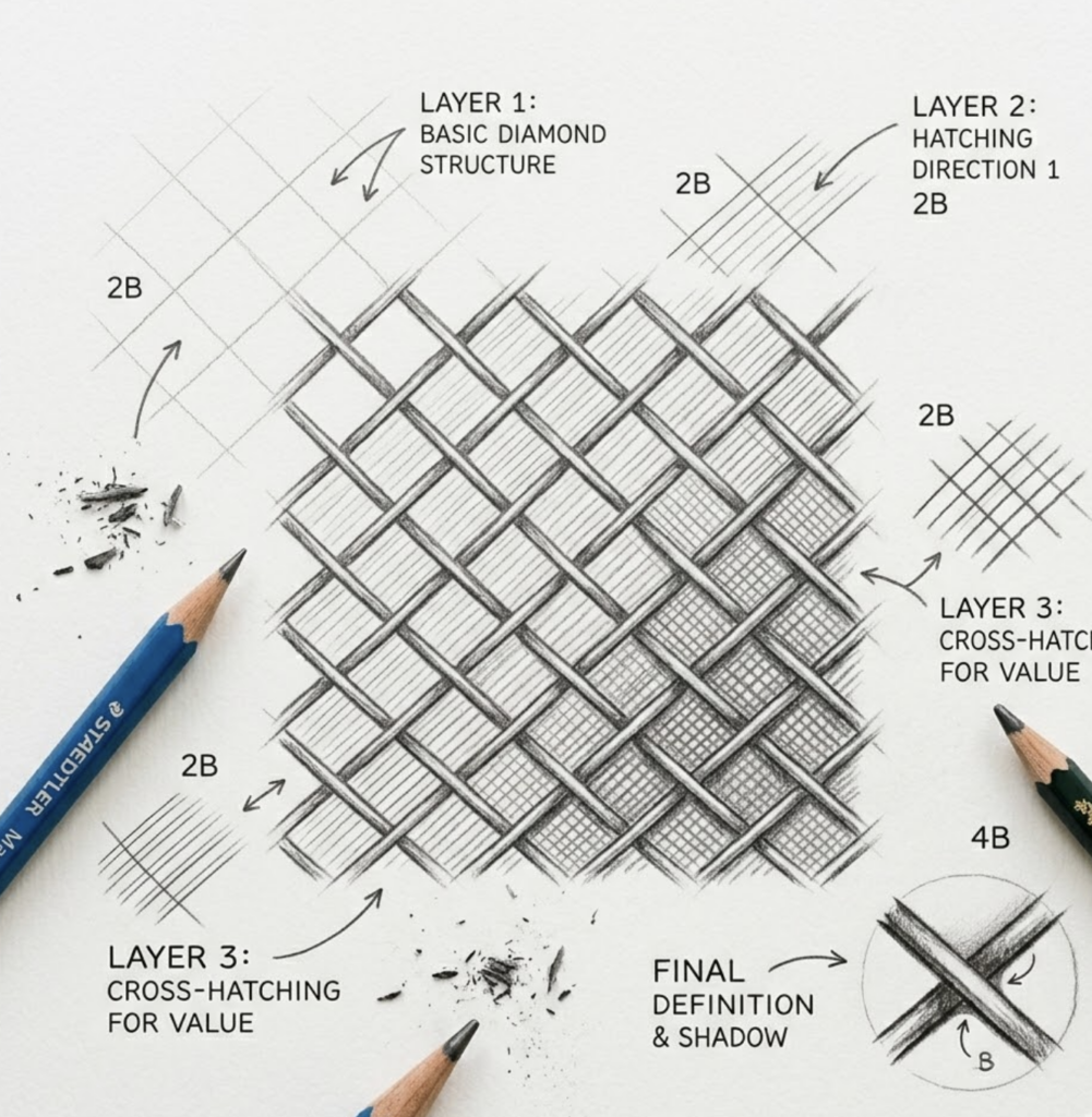 Pencil cross-hatching tutorial showing layered diamond weave pattern, 2B/4B pencils, shading and final shadow techniques