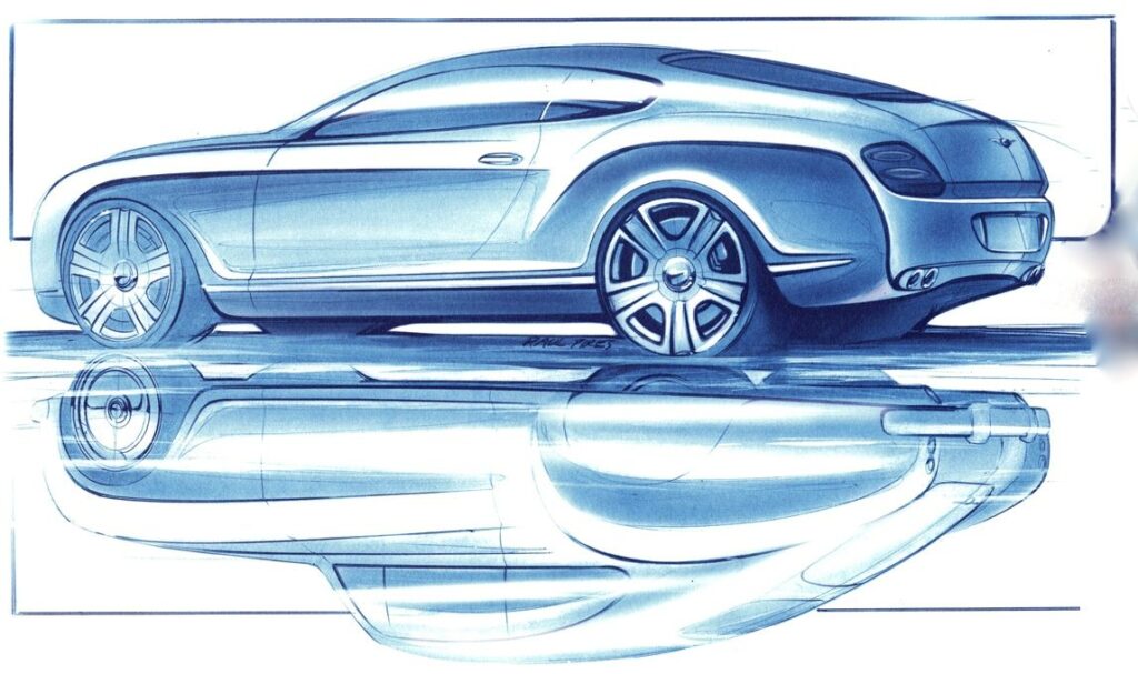 Luxury concept coupe sketch in blue with floor reflection, sporty wheels and sleek aerodynamic profile