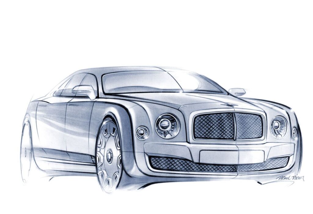 Luxury car concept sketch, front three-quarter view of blue pencil rendering with grille, headlights and alloy wheels