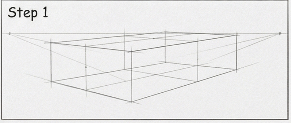 Step 1: two-point perspective sketch of a rectangular box with vanishing points and construction lines for drawing tutorial